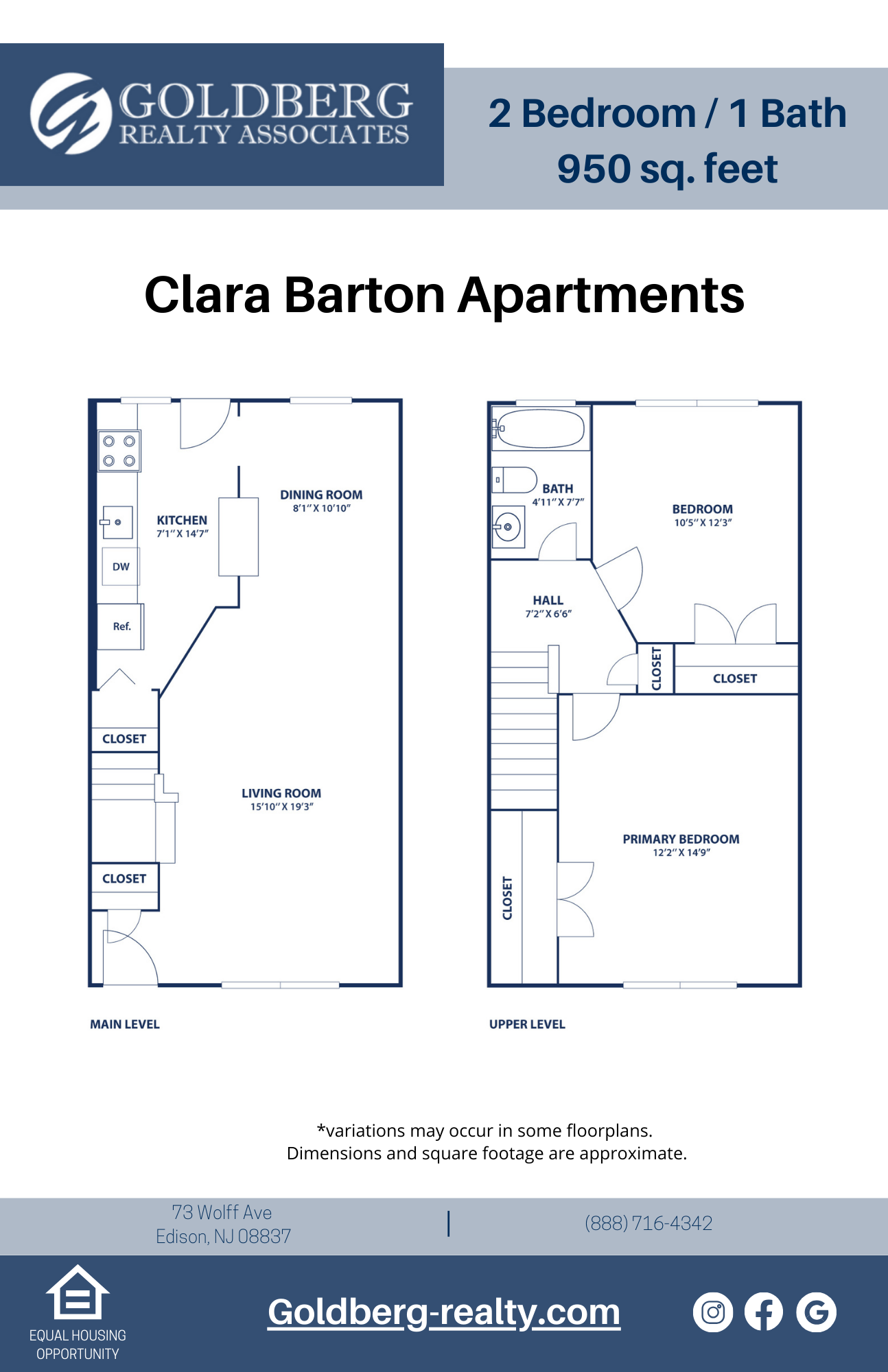 Floor plan for 2 beds, 1 bath, 950 sqft